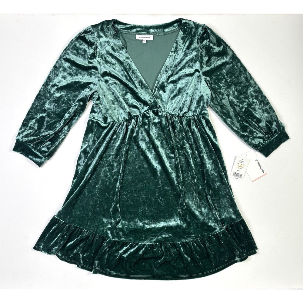 Motherhood Dress Women's Medium New W/ Tags Green Crushed Velvet Long Sleeve